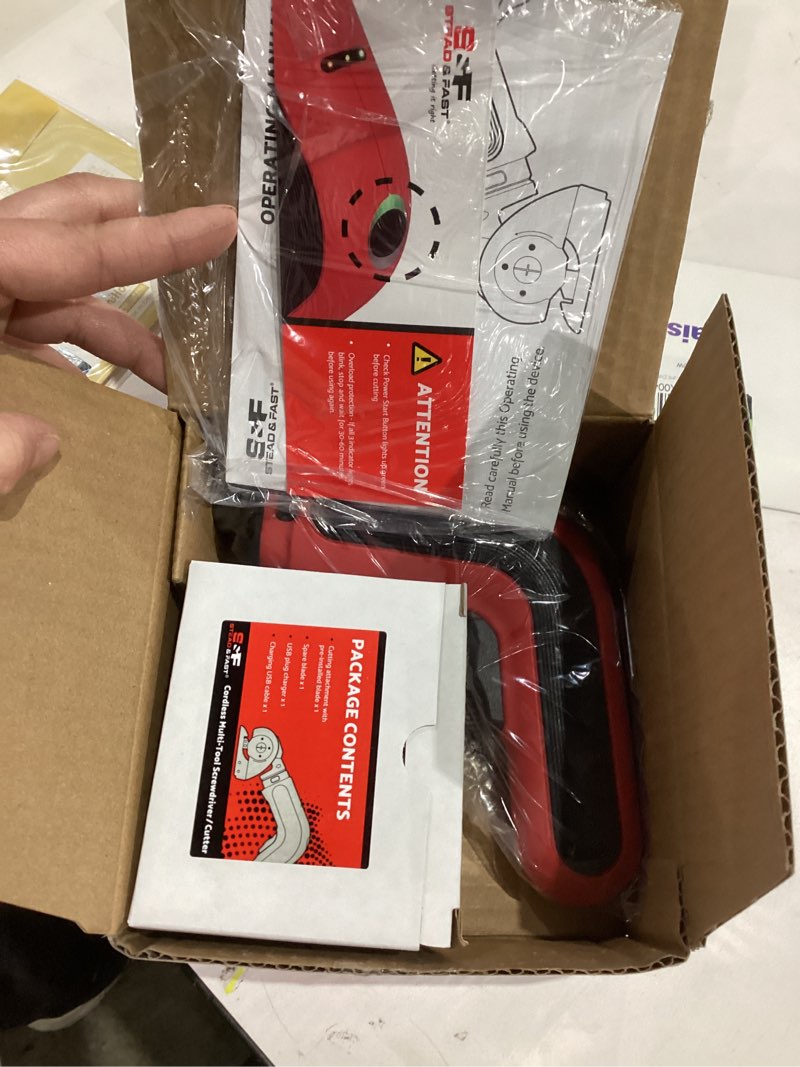 Condition photo showing New/Like New for S&F STEAD & FAST Electric Cardboard Cutter Tool 4V, Cordless Electric Scissors for Box, Fabric, Carpet, Power Cutter with Charger, 2 blades included
