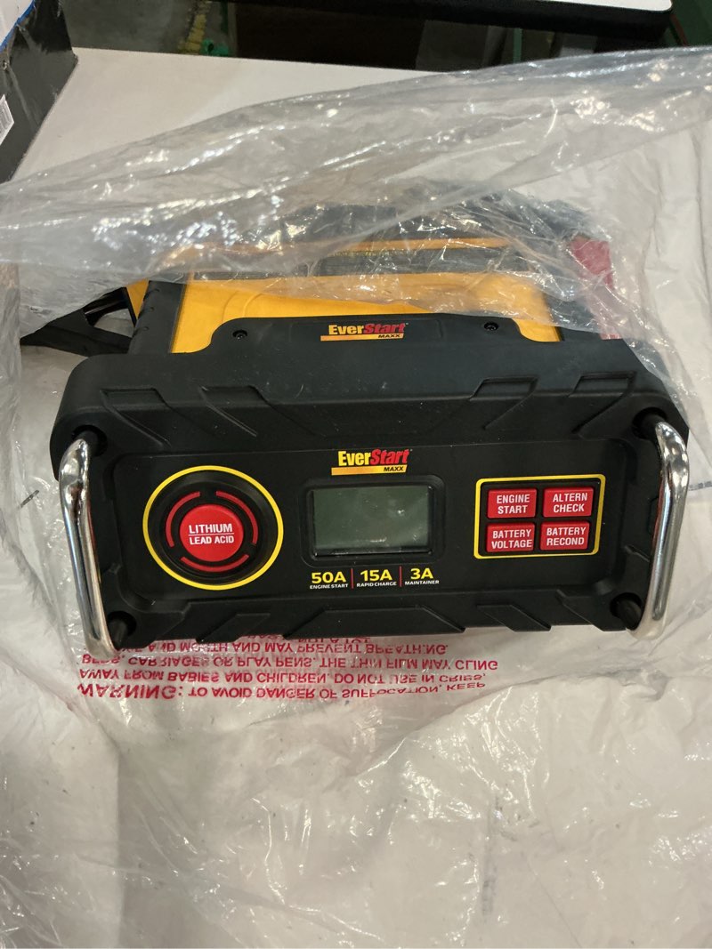 Condition photo showing New/Like New for everstart maxx 15 amp automotive battery charger with 50 amp engine start (bc50be)-new