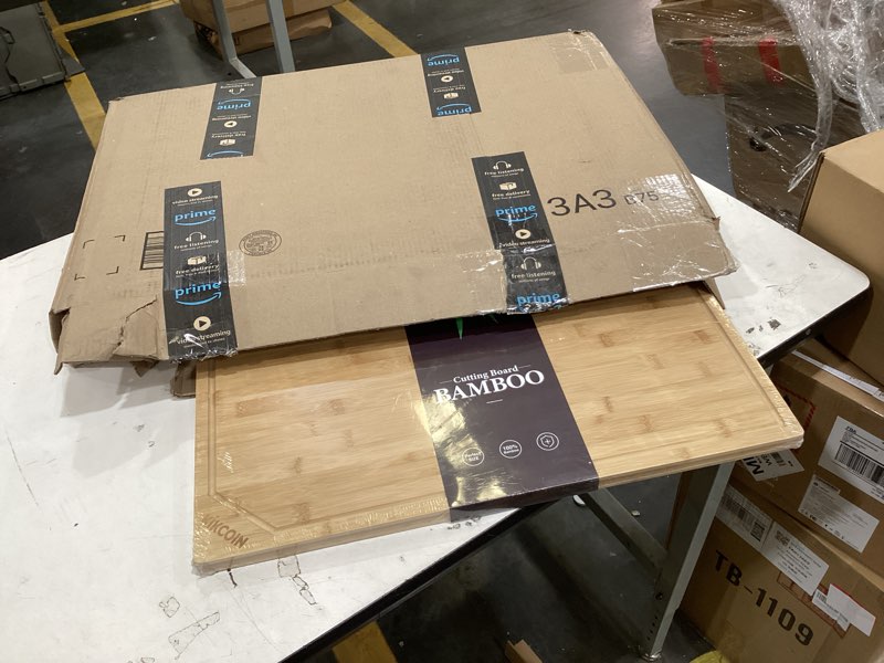 Condition photo showing New/Like New for 24" bamboo cutting boards for kitchen, extra large wood cutting board with deep juice groove and handle heavy duty chopping board, kikcoin, 24" x 18" 24"l x 18"w