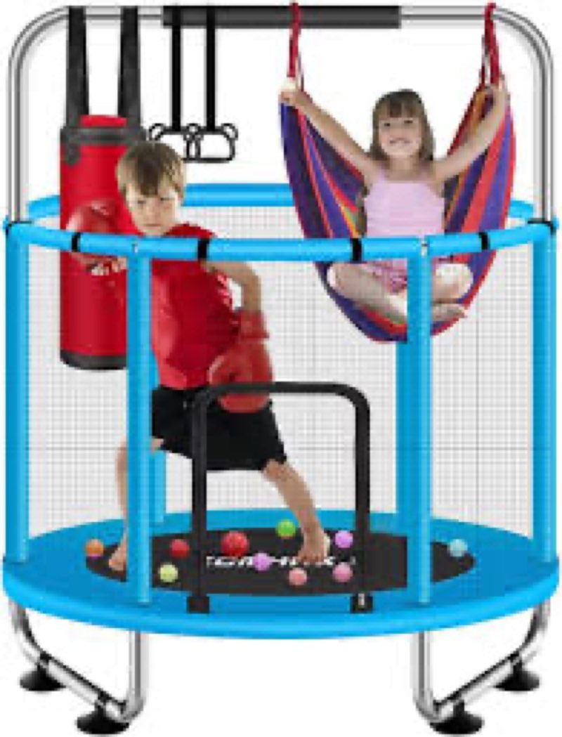 Product used, 55\" Trampoline for Kids, 4.5 FT Toddler Trampoline with Enclosur Net, Basketball Hoop & Sandbag, 440