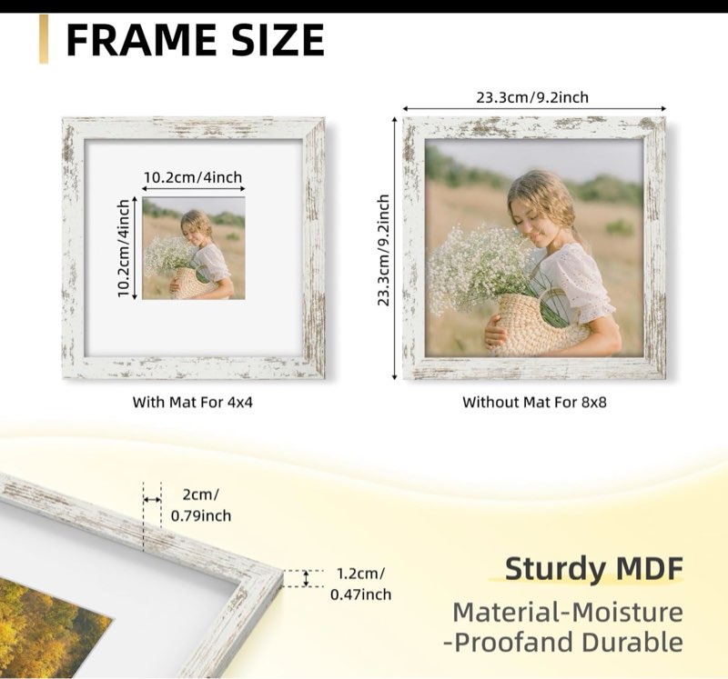 yeskay 8x8 picture frame set of 9, photo gallery wall frame set, display pictures 4x4 with mat or 8 x 8 without mat, square frame picture frames collage wall decor, distressed white distressed white 8x8 in
