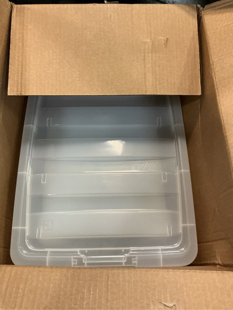 Condition photo showing Good Condition for IRIS USA 54 Qt Stackable Plastic Storage Bins with Lids, 6 Pack - BPA-Free, Made in USA - See-Through Organizing Solution, Latches, Durable Nestable Containers, Secure Pull Handle - Clear Clear 54 Qt 6 Pack