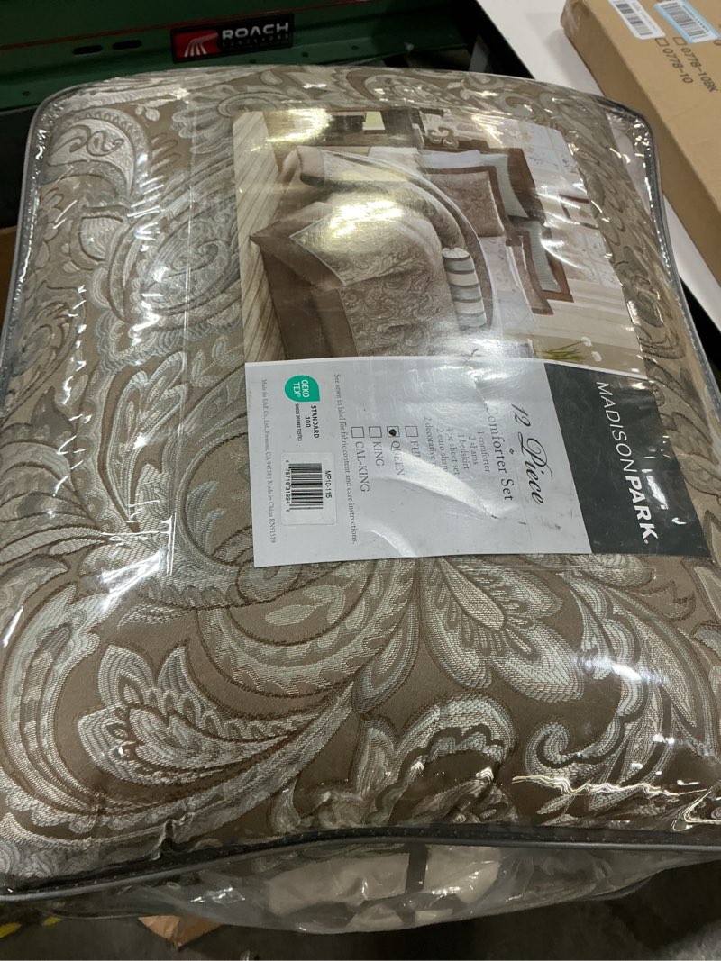 Condition photo showing New/Like New for madison park aubrey cozy comforter set, faux silk jacquard paisley design - all season down alternative bedding with cotton bed sheets, bed skirt & toss pillows, queen blue 12 piece blue biab 12pcs queen comforter set