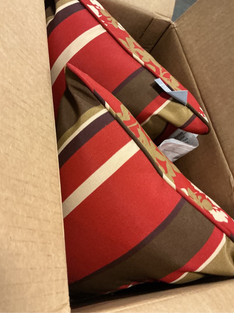 Condition photo showing As Is for pillow perfect reversible floral stripe indoor/outdoor accent throw pillow, plush fill, weather, and fade resistant, lumbar - 11.5" x 18.5" , brown/red monserrat, 2 count brown monserrat / montifleuri sangria lumbar - 11.5" x 18.5"