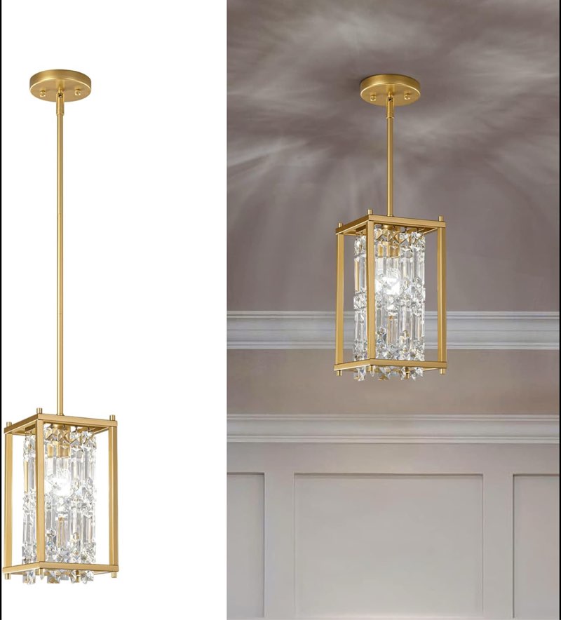 lmqnine dining room light fixture semi flush mount ceiling light, industrial farmhouse chandelier gold metal crystal pendant light for hallway balcony kitchen island (square 1-light)