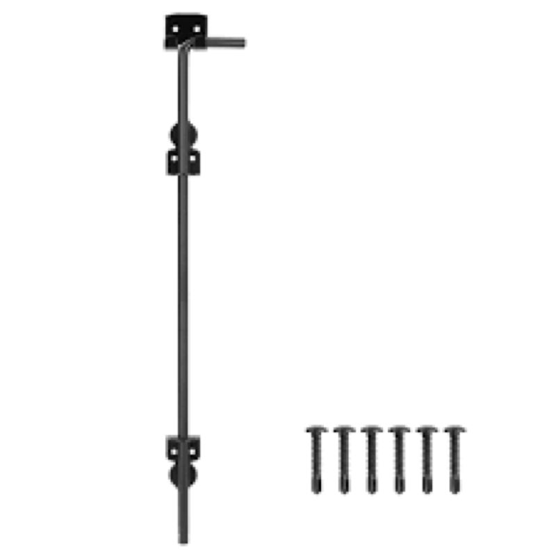 24" Heavy Duty Cane Bolt Gate Drop Rod Hardware Ground Latch for Wood PVC Vinyl Metal Fences Gates, Double Doors, Black Solid Steel -2 Pack