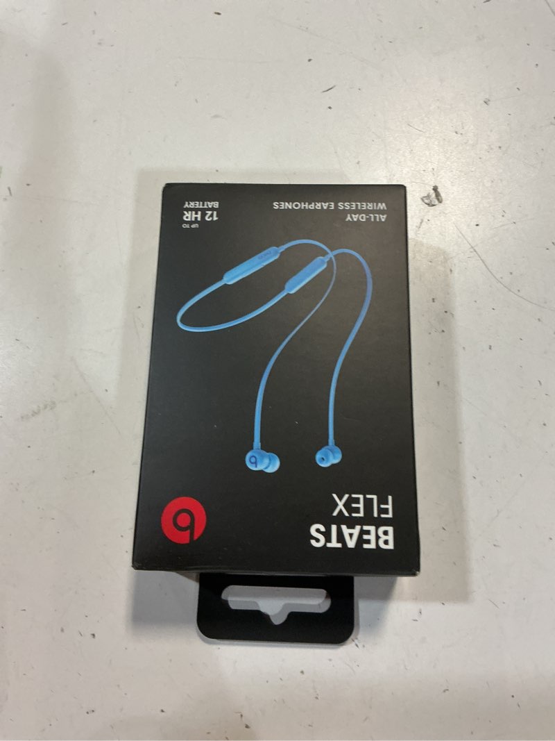 Condition photo showing New/Like New for beats flex wireless earbuds - apple w1 headphone chip, magnetic earphones, class 1 bluetooth, 12 hours of listening time, built-in microphone - flame blue flame blue flex