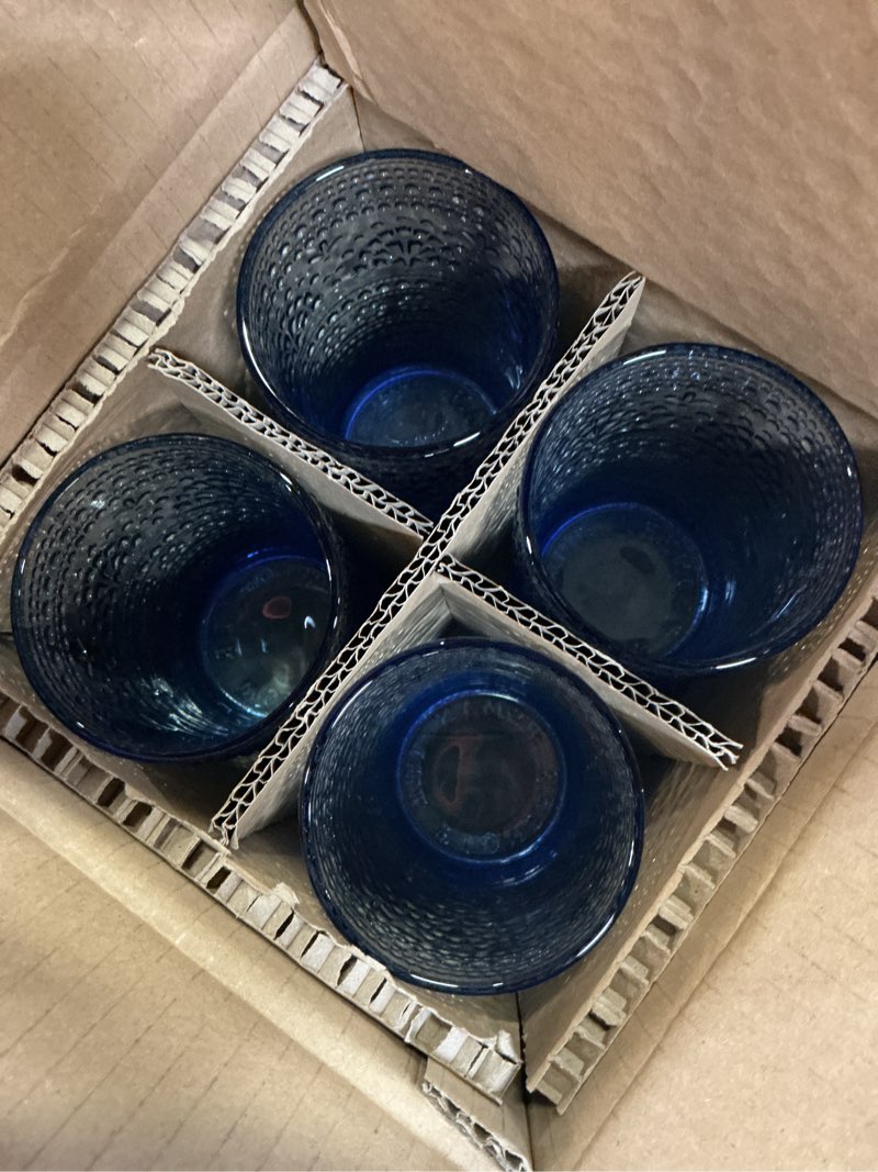 Condition photo showing New/Like New for the pioneer woman channing glass 18 ounce tumblers, blue, set of 4