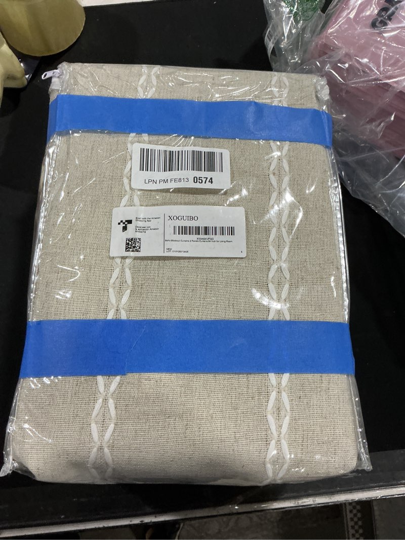 Condition photo showing As Is for Boho Blackout Curtains 2 Panels 84 Inch for Living Room Bedroom, Beige Linen Texture Farmhouse Curtains with Tassels and Cotton Embroidery Vintage Rustic Western Rod Pocket Beige 52"W x 84"L (Pack of 2)