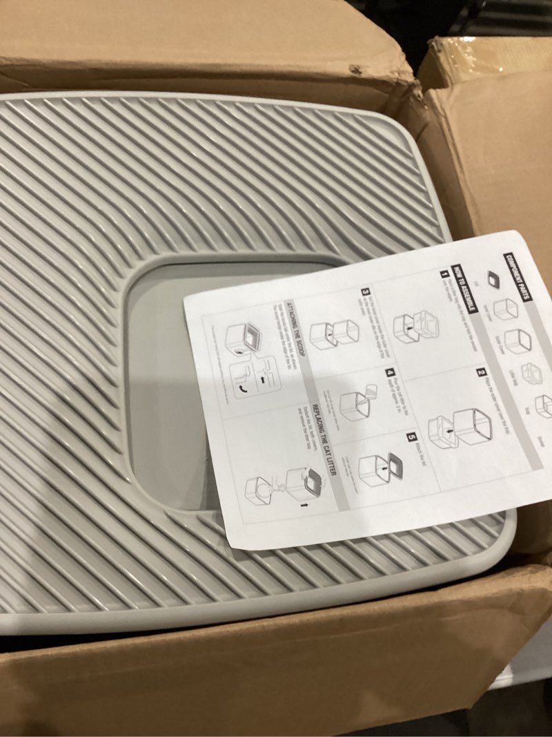 Condition photo showing As Is for similar not exact      litter box with high sides, xl high sided cat litter pan, open top extra large metal cat litter box, non-stick, odor free, leakproof, scoop included, gray
