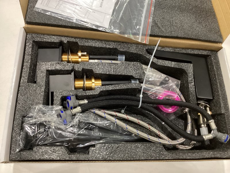 Condition photo showing New/Like New for besy matte black bathroom faucet 3 holes two handles vanity widespread 8 inch bathroom sink faucet, waterfall bathroom sink faucet with cupc supply hoses, pop up drain, stainless steel 8 inch widespread with drain matte black