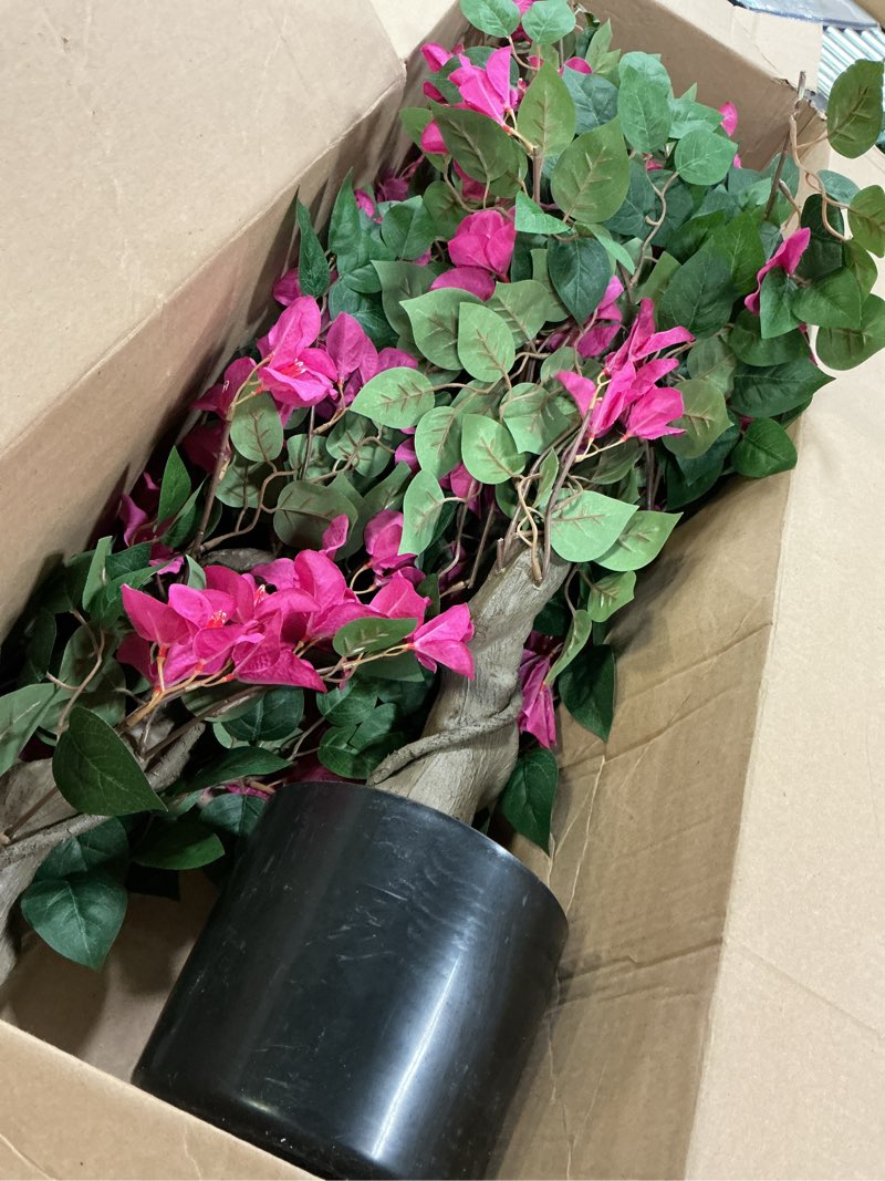 Condition photo showing As Is for 4ft artificial bougainvillea tree with realistic pink silk flowers, tall faux flowering plant in pot for indoor outdoor home, living room, porch, patio decor