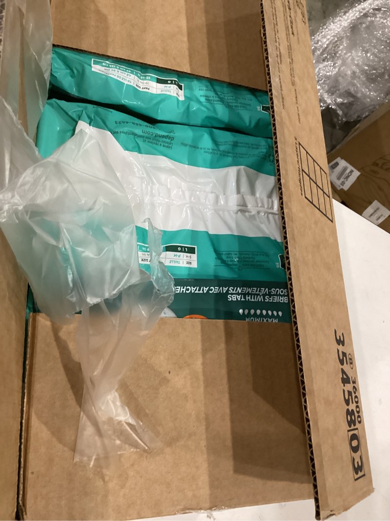 Condition photo showing New/Like New for depend incontinence protection with tabs, unisex, large (35–49" waist, over 170 lbs), maximum absorbency, 48 count (3 packs of 16) large (48 count)