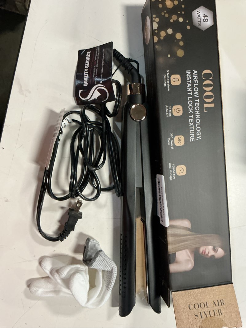 Condition photo showing New/Like New for skimi airflow styler 2.0 titanium flat iron hair straightener & curling wand, 96 cool air vents for 48h lasting style, dual voltage for travel & home, anti-tangle, 5 temps (black & blush gold).