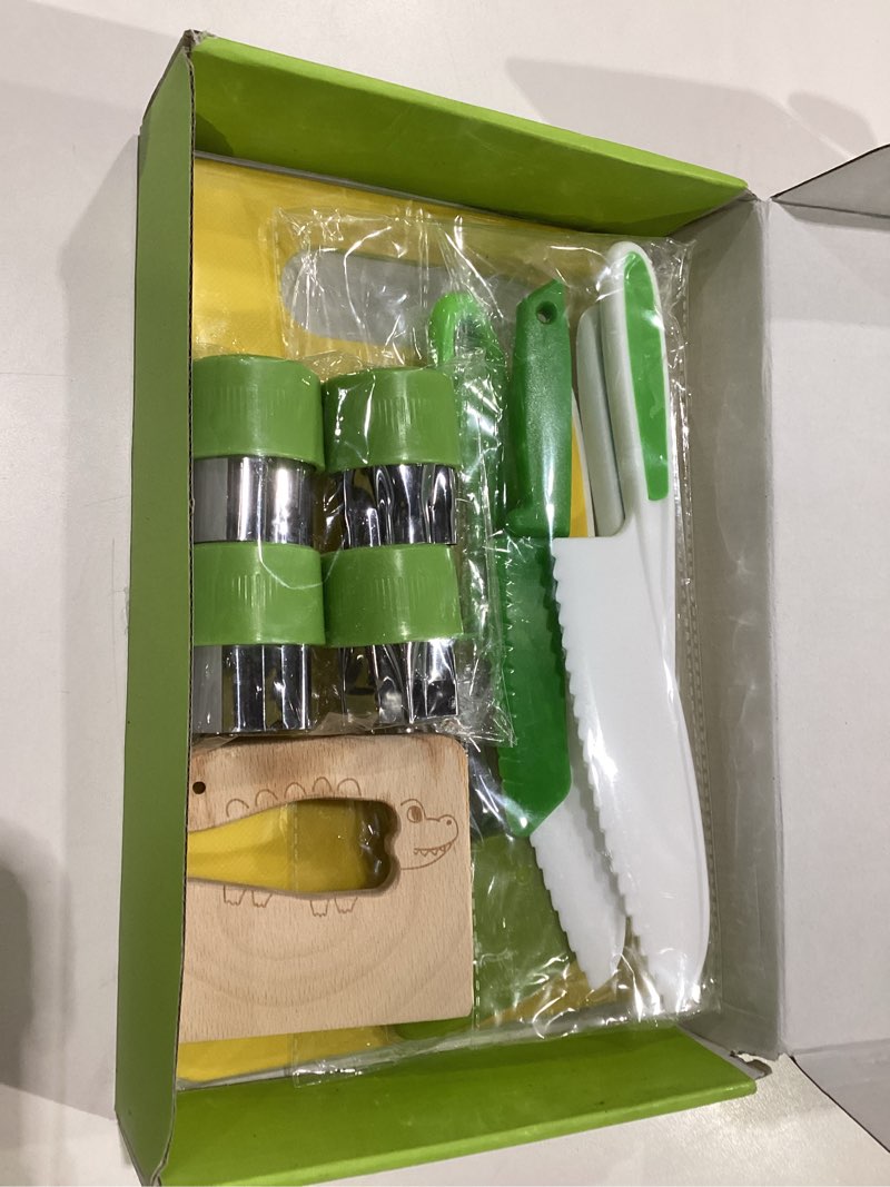 Condition photo showing As Is for 13 Pieces Montessori Kitchen Toys for Toddlers-Kids Cooking Sets Real-Toddler Toys Set for Real Cooking with Plastic Children Safe Knives Crinkle Cutter Kids Cutting Board 13PCS
