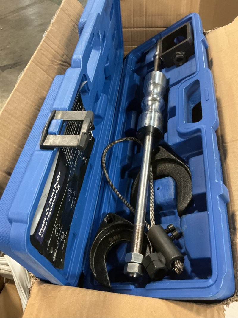 Condition photo showing Good Condition for orion motor tech cv axle puller tool with heavy duty slide hammer, 8 pc cv joint removal tool with 2" and 2.5" cv joint fork, cv axle removal tool with outer cv joint adapter steel cable adapter silver slide hammer 2" & 2.5" cv joint fork