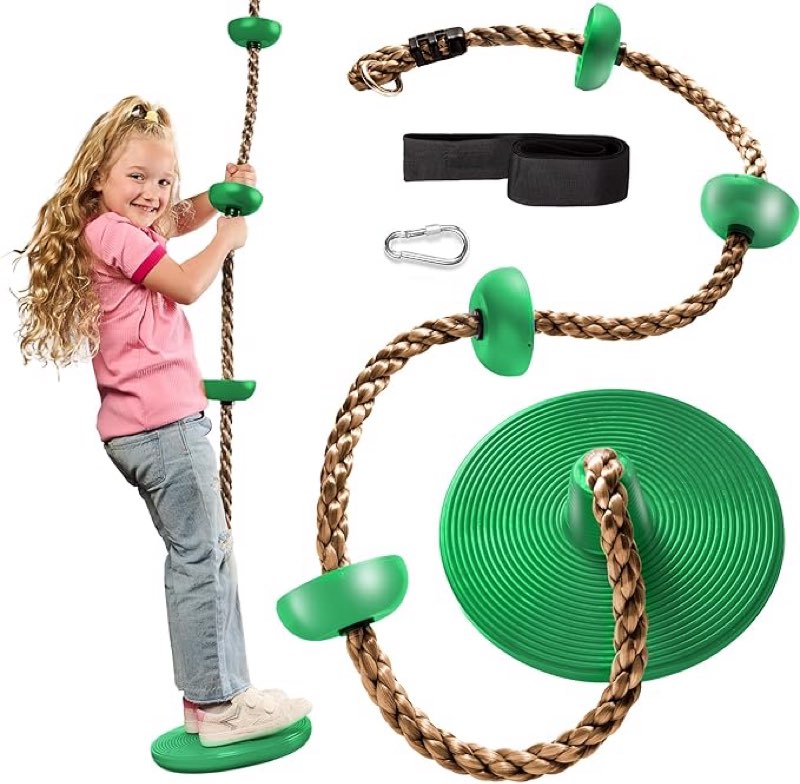 jungle gym kingdom tree swing for kids - single disc seat and brown climbing rope set w/carabiner and 4 foot strap - treehouse and outdoor playground accessories - green
