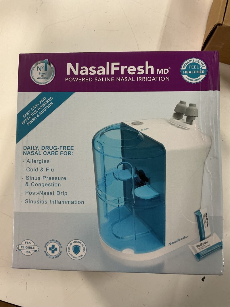 Condition photo showing New/Like New for nasalfresh md - dual powered nasal irrigation system nasal rinse and wash - sinus decongestant relief system w/ 30 saline packets - rechargeable - multi-user, 2 sets of nose pillows - snoring remedy standard