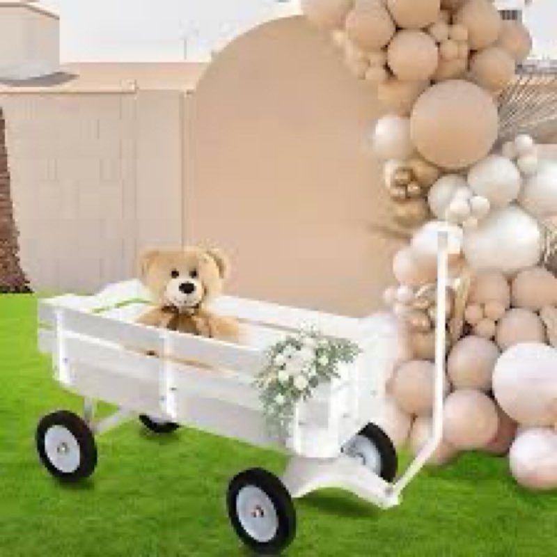 White All-Terrain Wagon, Wedding Flower Girls Wagon Cart with Handle, Utility Steel Cargo Wagons wit