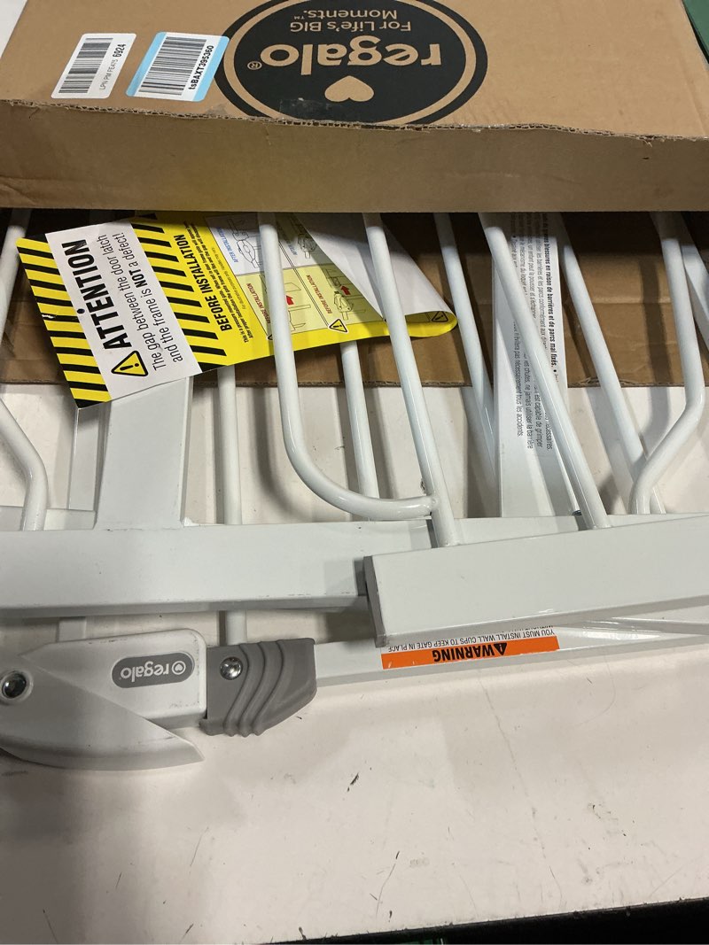 Condition photo showing Good Condition for regalo safety 38" baby gate for doorways & bottom of stairs, pressure mount design for babies, toddlers & pets, tested & safe for 30 years, american designed, american owned, white white 29-38.5"w x 30"h