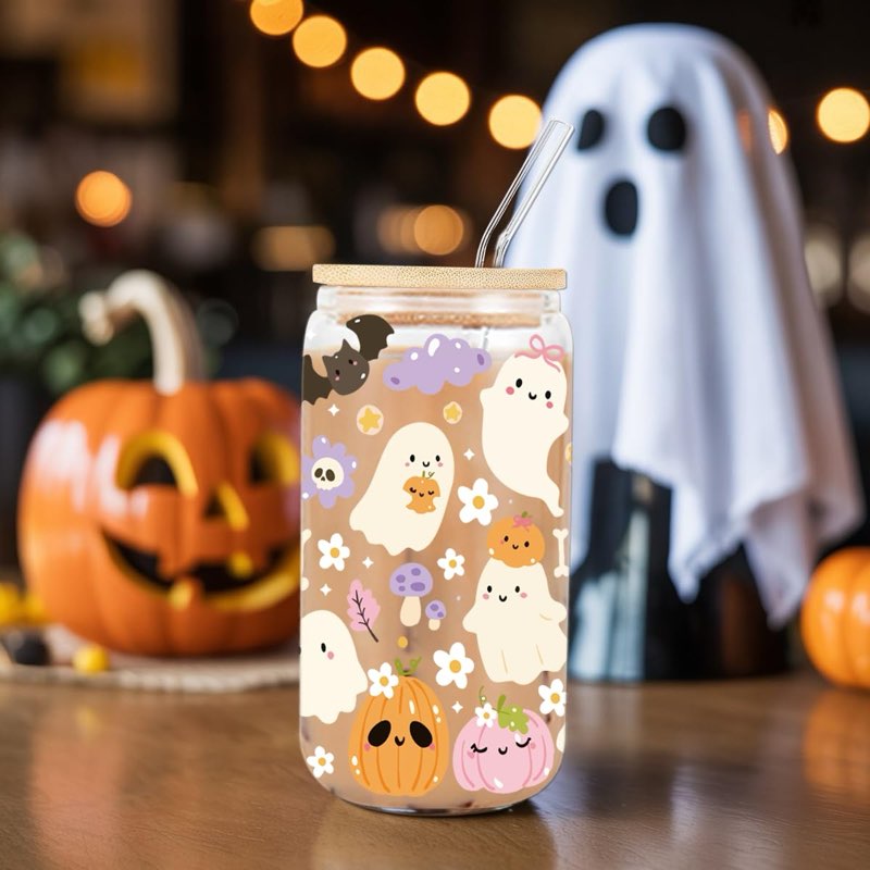 Halloween Ghost Pumpkin Cottage Iced Coffee Cup, Cute Pumpkin Glass Tumbler, 16 oz Spooky Coffee Glass Cup with Lid Straw, Boo Basket Stuffers, Halloween Gifts for Women Teen Goth Girl Party Stuff