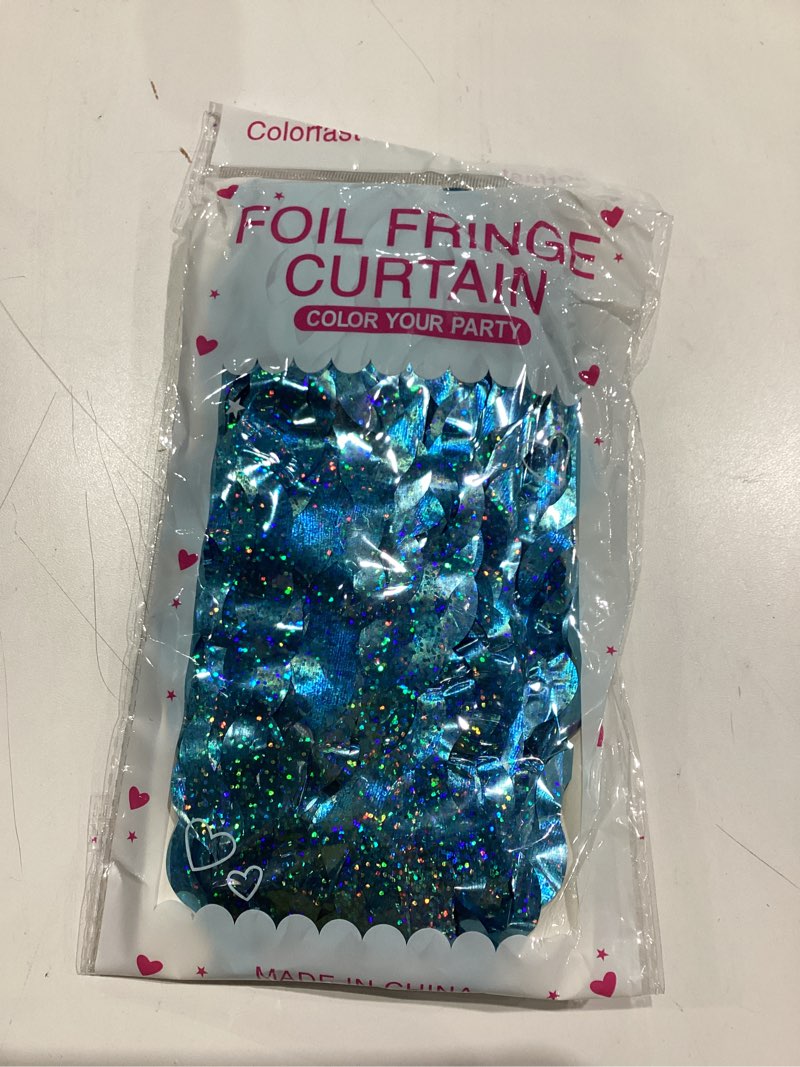 Condition photo showing New/Like New for Colorfast FOIL Fringe Curtain Backdrop for Birthday, Graduation Celebration, Bachelorette, Valentines Party Celebration, Event Decoration (Color may vary)