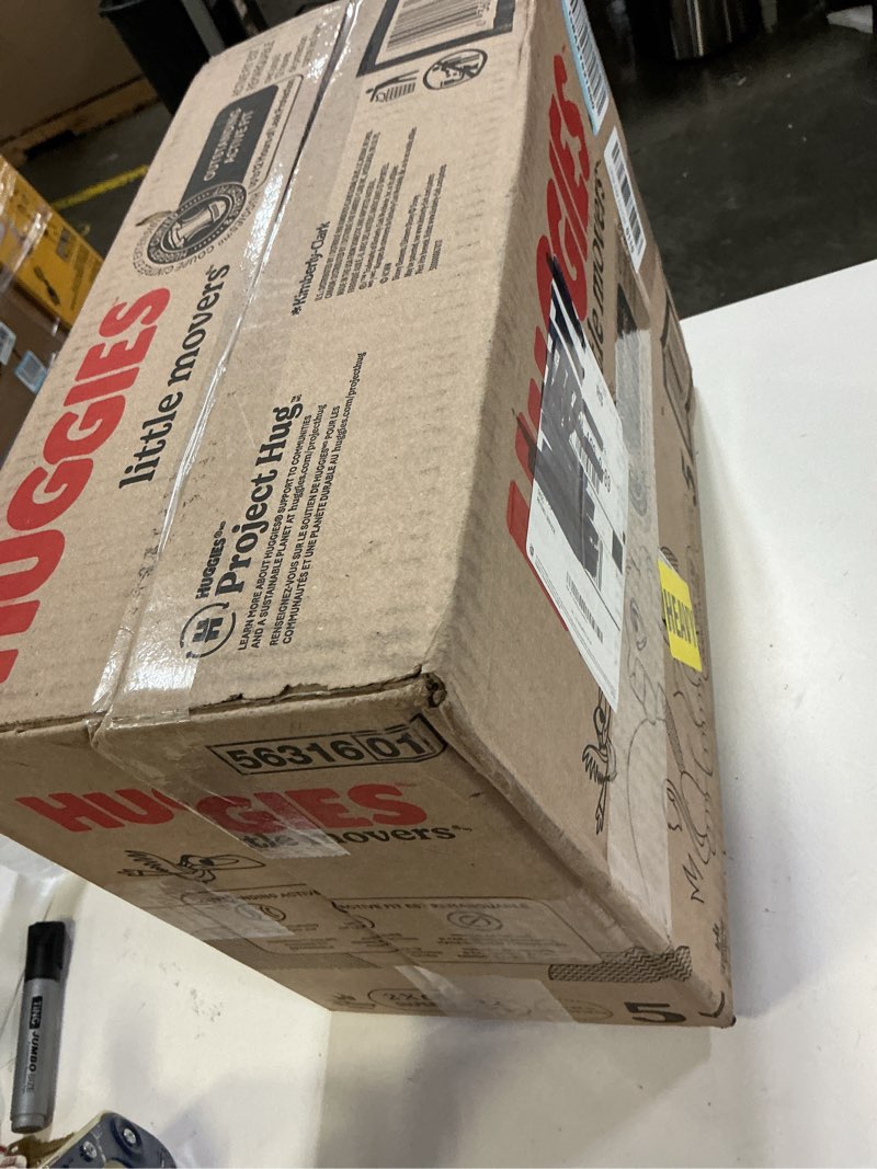 Condition photo showing Good Condition for huggies size 5 diapers, little movers baby diapers, size 5 (27+ lbs), 132 count (2 packs of 66), packaging may vary size 5 132