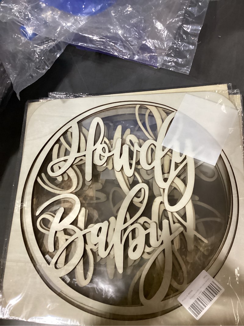 Condition photo showing New/Like New for howdy baby wooden sign, cowboy/cowgirl baby shower decoration, 10" x 13", western theme, wall mount