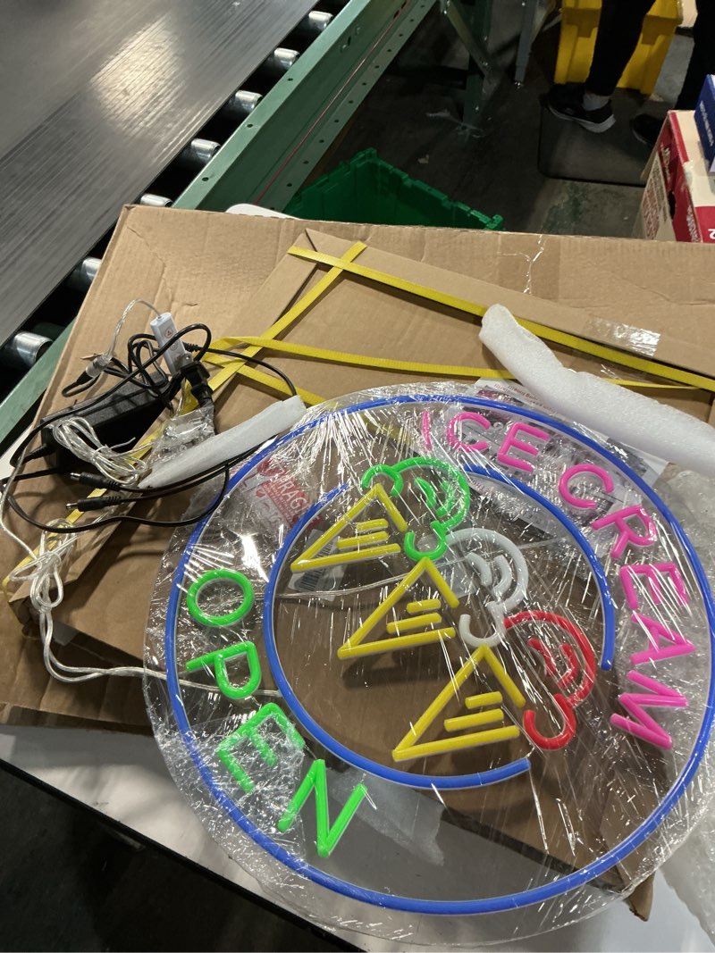 Condition photo showing New/Like New for Ice Cream Open Neon Sign, Cafe Shop Store Wall Decor, Custom Led Sign for Dessert Shop, Ice Cream Bar Sign Neon Art, Open Welcome Sign Size:18x18inches