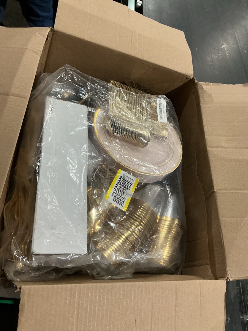 Condition photo showing As Is for gather 700pcs pink plastic plates - gold rim disposable plastic dinnerware set include 200 pink plates, 300 silverware, 100 napkins, 100 cups for party & wedding & mother's day 100 guests pink