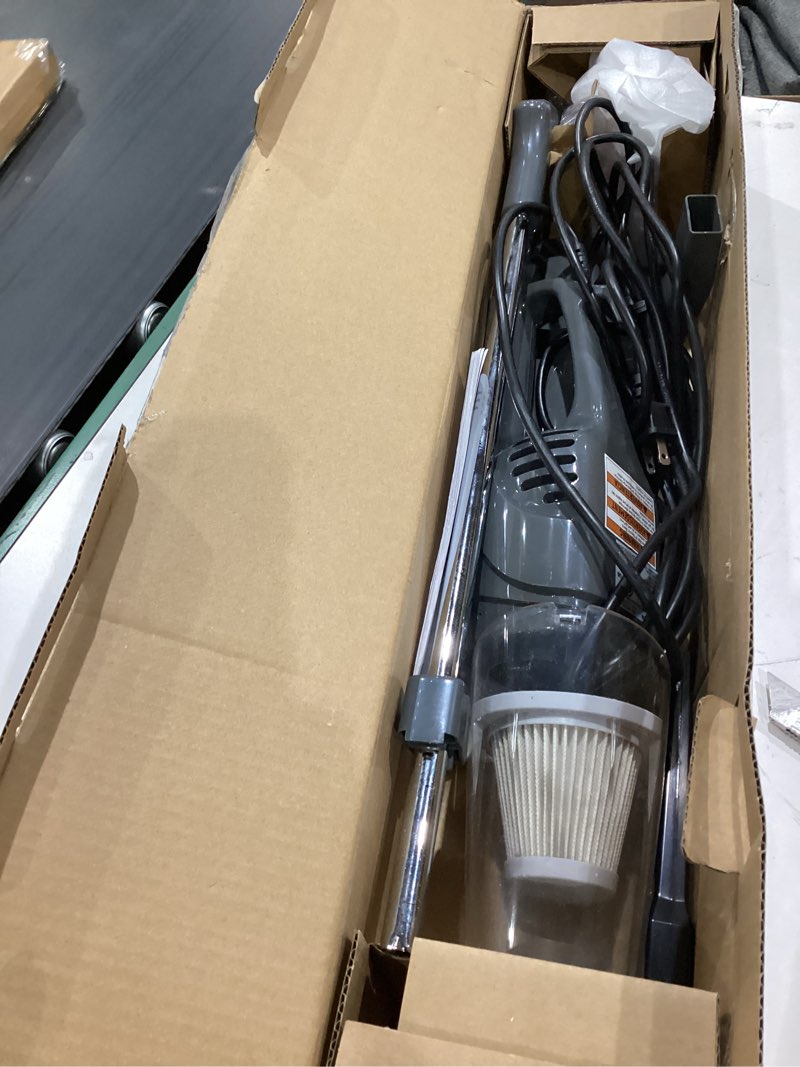Condition photo showing As Is for amazon basics 2-in-1 corded stick vacuum cleaner, converts to handheld, lightweight (3.9 lbs), with washable filter, crevice tools, 0.5l dust cup, self-standing, 19.7-ft cord, 300w, black vacuum cleaner only