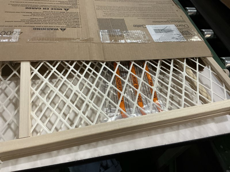 Condition photo showing As Is for toddleroo by north states diamond mesh wooden baby gate: 26.5"- 42" wide. pressure mounted baby gate for doorway. (23" tall, sustainable hardwood)