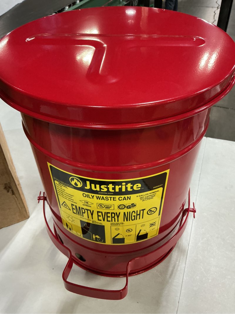 Condition photo showing Good Condition for justrite 6 gallon galvanized steel oily waste can, 16\" x 12\" metal oil rag safety can with foot operated self-closing lid for oil rag disposal, made in the usa, red, 09100 red 6 gallon foot-operated lid