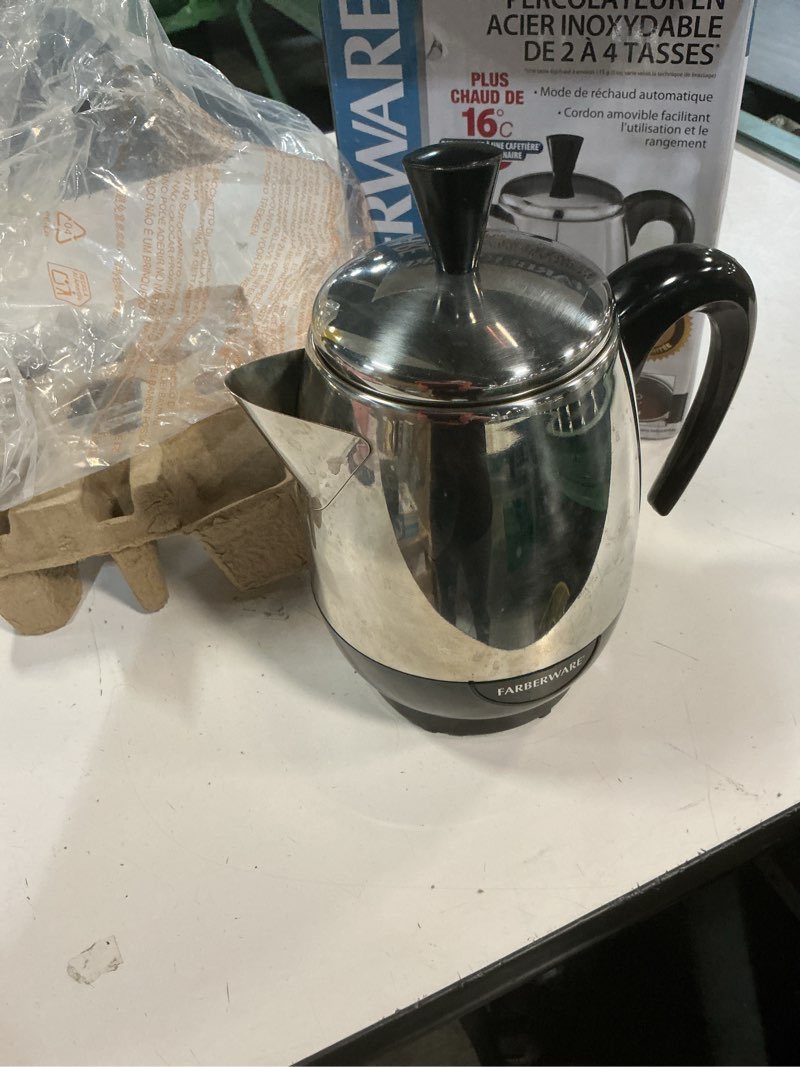 Condition photo showing As Is for farberware electric coffee percolator, fcp240, stainless steel basket, automatic keep warm, no-drip spout, 4 cup, black/silver 4-cup