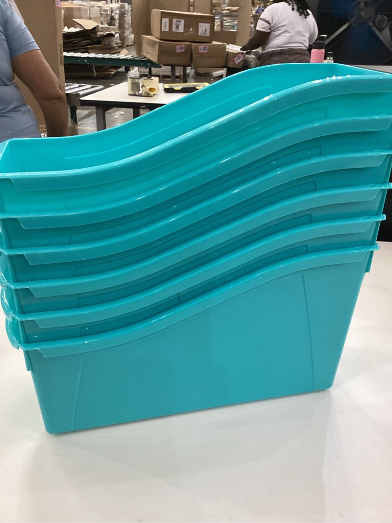 Storex Large Book Bin with label pockets, Teal 6 items
