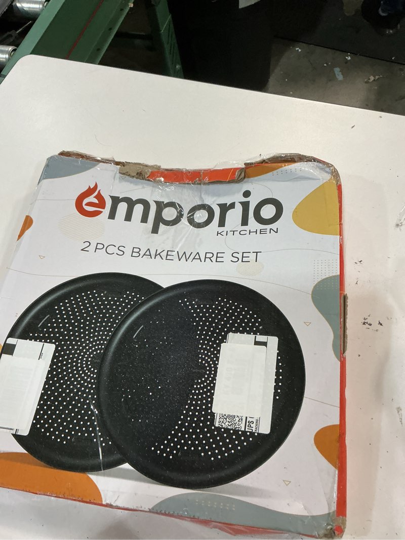 Condition photo showing Good Condition for emporio kitchen non-stick pizza pan 2 pack – 16 inch round carbon steel pizza tray with perforated holes, pfoapfosptfe-free, dishwasher & oven safe up to 450°f, durable nonstick gray marble coating gray marble 2 pack