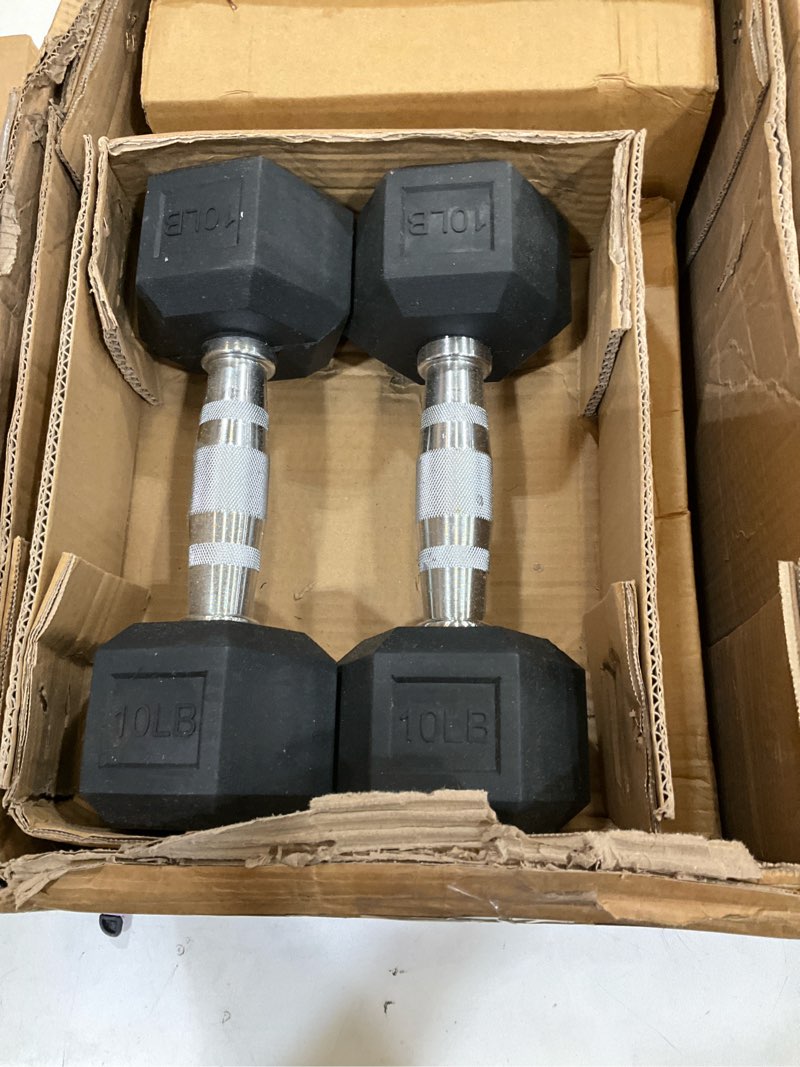 Condition photo showing Good Condition for signature fitness rubber encased hex dumbbells with optional rack, 10 15 20lb pairs and 5, 10 and 15 pairs weight sets for home gym