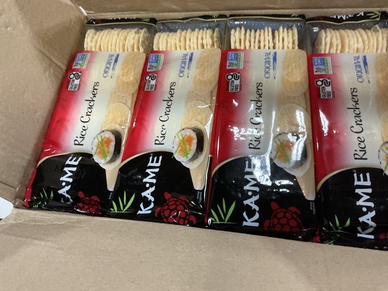 Condition photo showing New/Like New for (bbd 30/06/26)  ka-me gluten-free original rice crunch crackers 3.5 oz (pack of 12), authentic asian ingredients and flavors, certified gluten free crackers, no artificial flavors/colors, non gmo snacks, served with asian salmon, cream cheese, egg & tuna salad, asian guacamole, hummus & many more original 3.5 ounce (pack of 12)