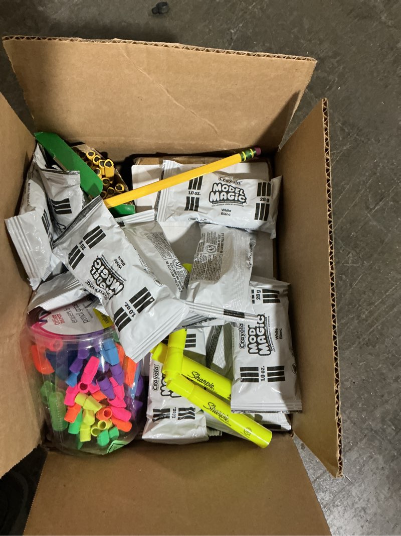 Condition photo showing New/Like New for teacher supplies assorted lot( easers, clay, sharpener, pencils)
