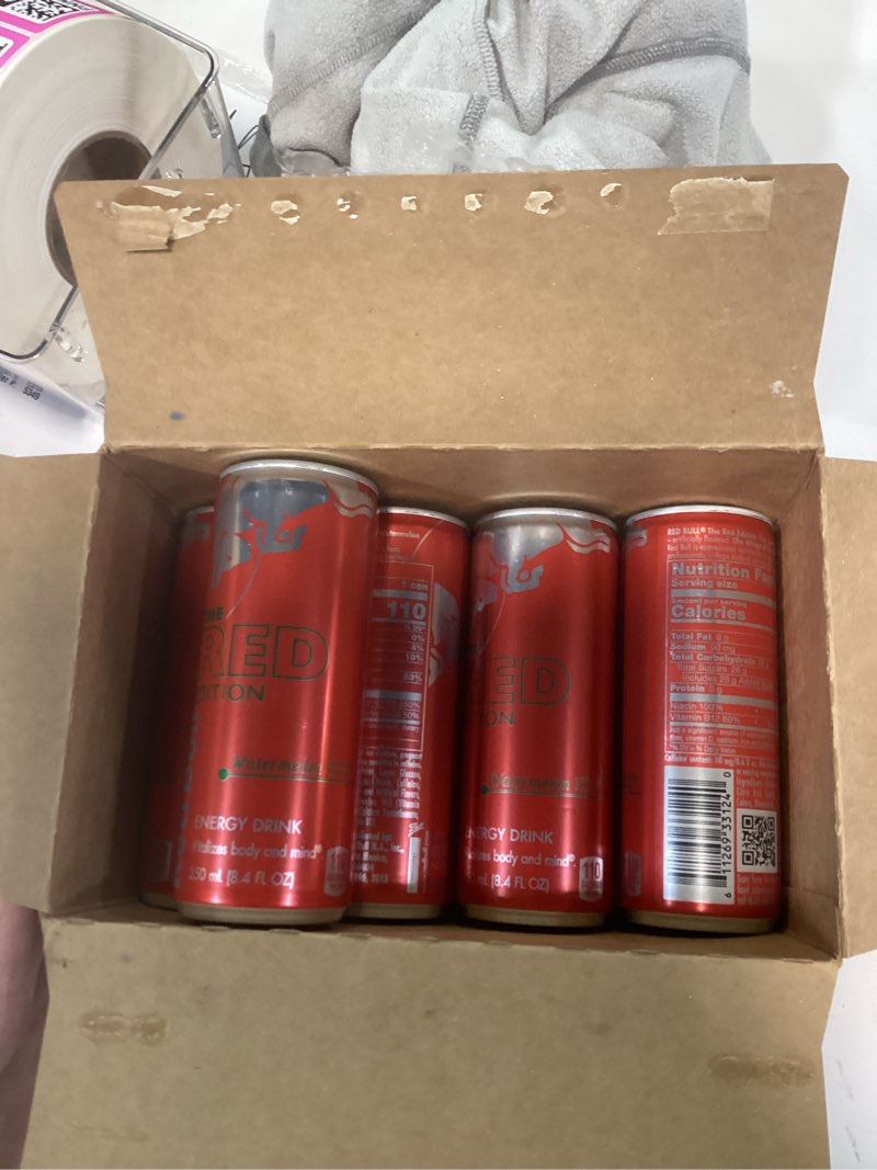 Condition photo showing As Is for bb 06/01/26 21 cans red bull energy drink variety pack, red edition, amber edition and yellow edition energy drinks, 8.4 fl oz,  variety pack 8.4 fl oz