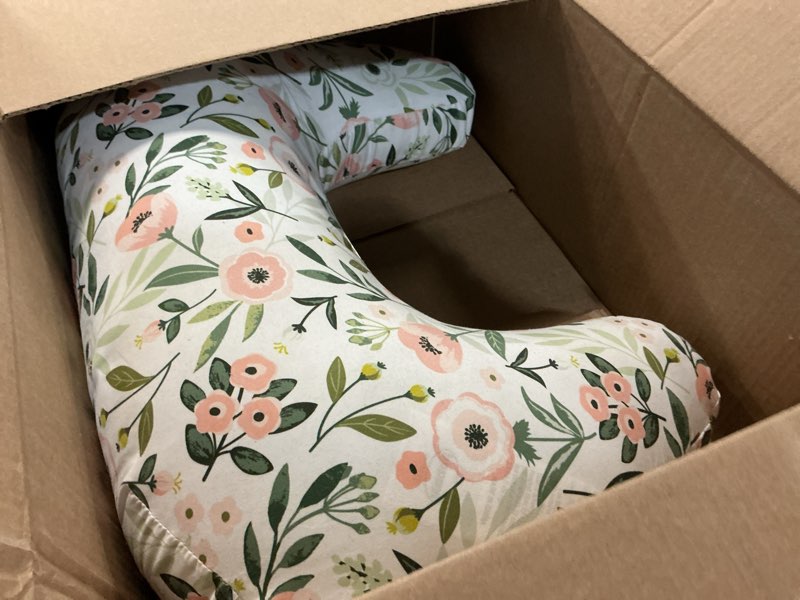 Condition photo showing Good Condition for boppy nursing pillow - firm, ergonomic u-shaped bottle and breastfeeding pillow with high lift for comfort and support, spacious surface - pink garden flowers new nursing pillow pink garden flowers