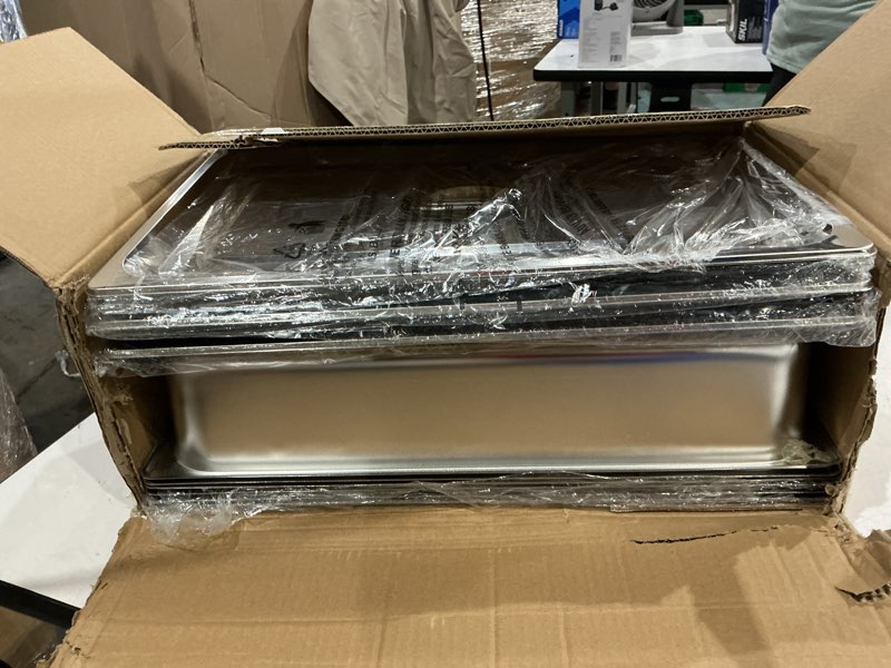 Condition photo showing Good Condition for 6 set stainless steel hotel pans full size 4 inch deep with lids, anti-jam chafing steam table pans, catering food storage metal pan 4'' deep 1/1