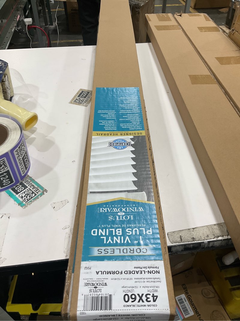 Condition photo showing New/Like New for LOTUS & WINDOWARE Cordless 1" Premium Vinyl Mini Blind, 43" Wide x 60" Long, White, Smooth, Room Darkening, Horizontal Blinds for Living Room, Bedroom, Interior Door Windows 43"W x 60"H White