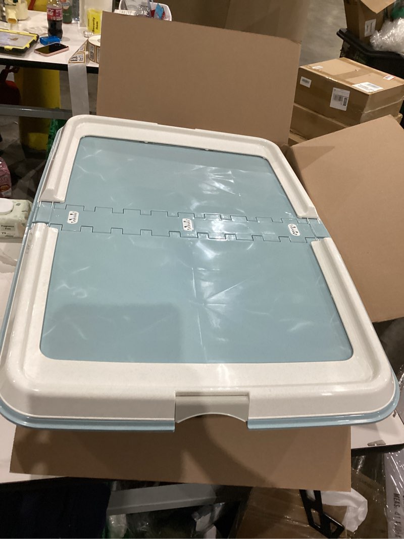 Condition photo showing As Is for (As is, size unknown)  IRIS USA Pee Pad Holder - for Large Sized Dog and Puppy Pee Pads, Secured Latches, Non-Skid Feet, High Polish Finish for Easy Cleaning, Leak Protection, Fits 28\"x34\" Pad or Larger, Square, Blue 28\" x 34\" Blue