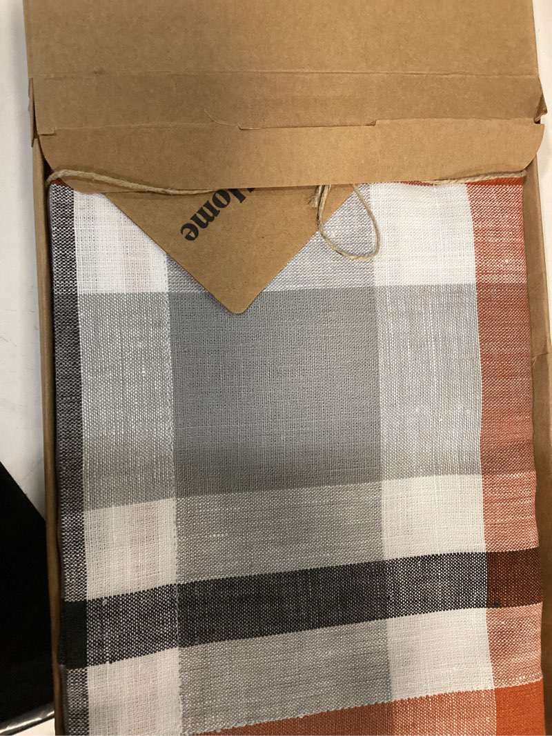 Condition photo showing New/Like New for Solino Home Pure Linen Cinnamon Plaid Table Runner 14 x 72 Inch for Dining and Dresser - Fall Buffalo Check Fall Buffalo Check 14 x 72 Inch