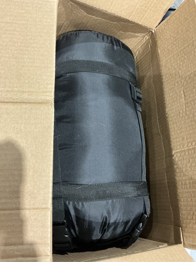 Condition photo showing As Is for teton leef lightweight mummy sleeping bag for camping, hiking, backpacking; cold weather option, compression sack included 0f regular black/sage