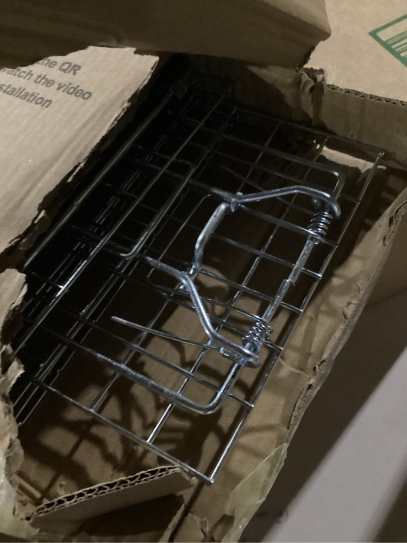 Condition photo showing New/Like New for humane animal trap for small cats, rabbits, squirrels, chipmunks, muskrats | 23.3" catch and release cage | galvanized wire with pedal triggers | collapsible for easy storage 23.3x7.2x7.7"
