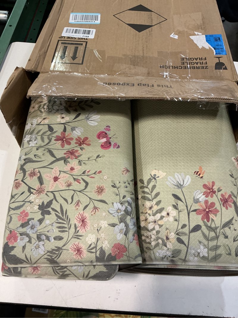 Condition photo showing Good Condition for kimode anti fatigue kitchen mats for floor 20"x59"+20"x32", cushioned farmhouse kitchen rugs, non slip waterproof kitchen floor mats, comfort standing mats for laundry office sink desk brown 20" x 59"+20" x 32"--0.47 inches floral/brown