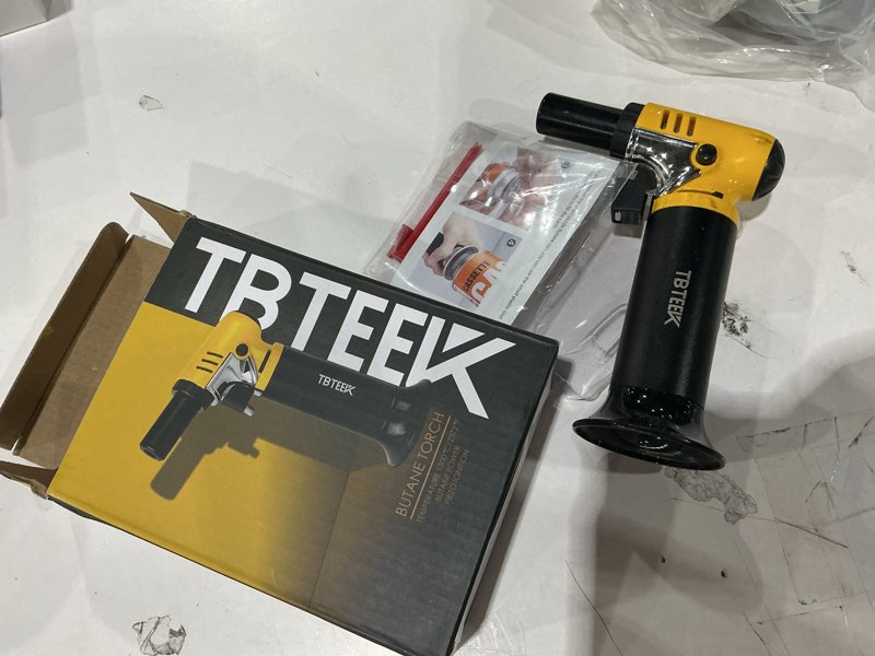 Condition photo showing Good Condition for tbteek butane torch with fuel gauge t907, one-hand operation kitchen torch lighter with adjustable flame for bbq, baking, brulee creme, crafts and soldering(butane gas not included) yellow-black