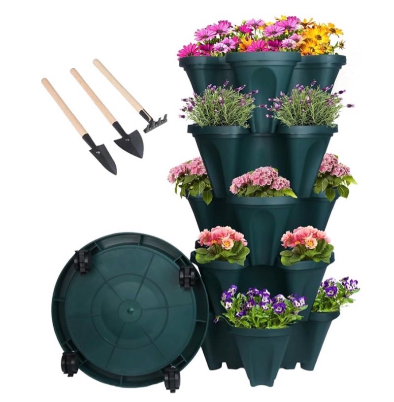 3 Set 5 Tier Vertical Planter Stackable Tower Planters Strawberry Herb Flower and Vegetable Pots Indoor Outdoor Gardening Pots with Removable Wheels and Tools (Clay Green)